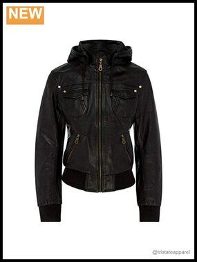 Women's Genuine Leather Bomber Moto Jacket with Hood